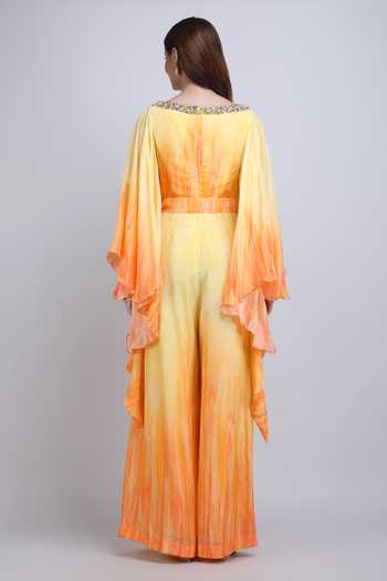 Shop_Mandira Wirk_Orange Coral Ombre Haze Jumpsuit _at_Aza_Fashions