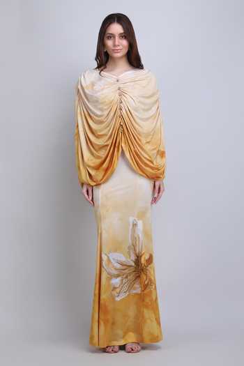 Buy_Mandira Wirk_Yellow Silk Cowl Neck Orchre Drape Jersey Dress _at_Aza_Fashions