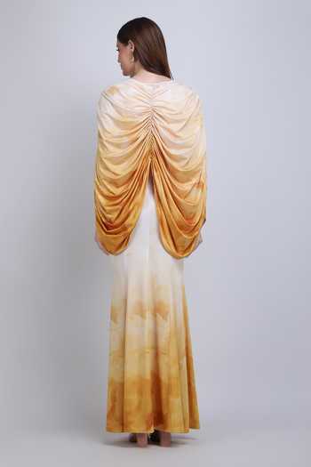 Shop_Mandira Wirk_Yellow Silk Cowl Neck Orchre Drape Jersey Dress _at_Aza_Fashions