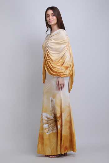 Buy_Mandira Wirk_Yellow Silk Cowl Neck Orchre Drape Jersey Dress _Online_at_Aza_Fashions