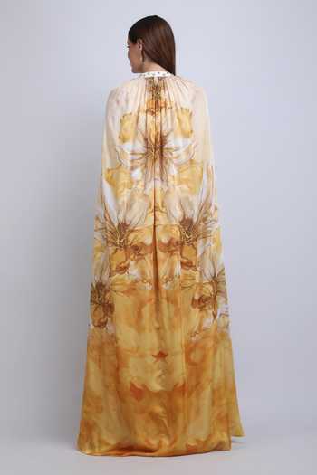 Shop_Mandira Wirk_Gold Satin V-neck Orchre Floral Pattern Dress _at_Aza_Fashions
