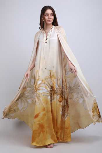 Buy_Mandira Wirk_Gold Satin V-neck Orchre Floral Pattern Dress _at_Aza_Fashions