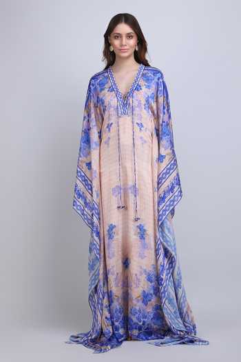 Mandira Wirk_Purple Satin, Chiffon V-neck Denser Duo Floral Classic Kaftan _Online_at_Aza_Fashions