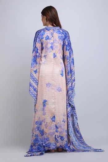 Shop_Mandira Wirk_Purple Satin, Chiffon V-neck Denser Duo Floral Classic Kaftan _at_Aza_Fashions