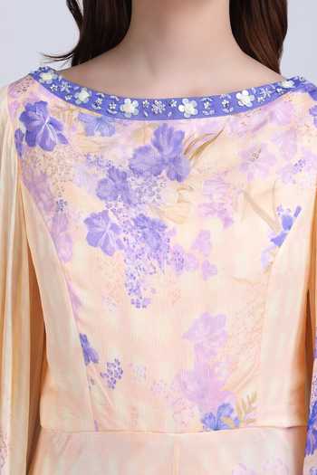Buy_Mandira Wirk_Purple Crepe, Viscose Boat Neck Floral Print Dress 
