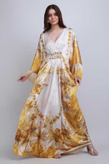 Buy_Mandira Wirk_Yellow V-neck Orchre Gold Fringe Drape Kaftan _at_Aza_Fashions
