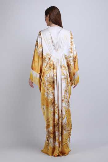 Shop_Mandira Wirk_Yellow V-neck Orchre Gold Fringe Drape Kaftan _at_Aza_Fashions