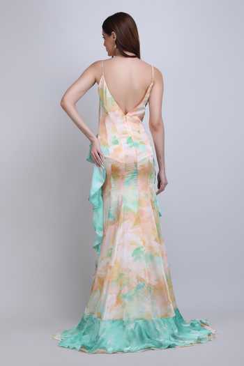 Shop_Mandira Wirk_Green Satin, Chiffon Asymmetric Soft Marble Ruffle Cascade Dress _at_Aza_Fashions