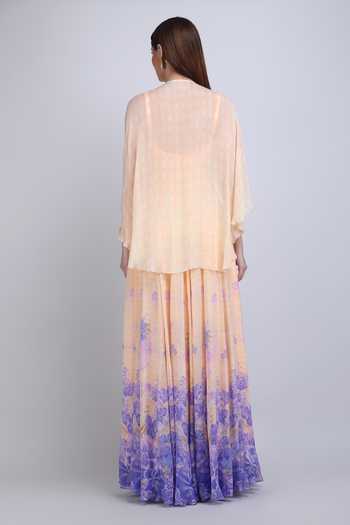 Shop_Mandira Wirk_Purple Chiffon, Viscose Scoop Neck, Denser Duo Floral Placement Cape Gown _at_Aza_Fashions