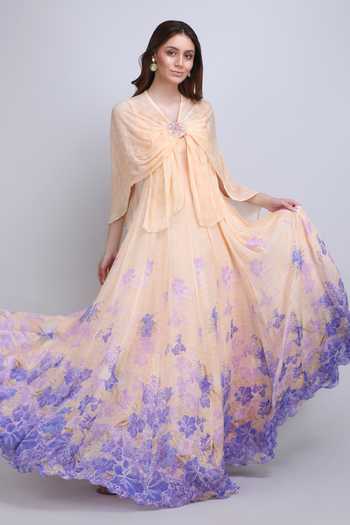 Buy_Mandira Wirk_Purple Chiffon, Viscose Scoop Neck, Denser Duo Floral Placement Cape Gown _at_Aza_Fashions