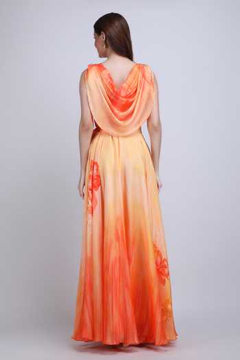 Shop_Mandira Wirk_Orange Satin, Chiffon Cowl Neck Sunset Drape Maxi Dress _at_Aza_Fashions