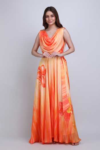 Buy_Mandira Wirk_Orange Satin, Chiffon Cowl Neck Sunset Drape Maxi Dress _at_Aza_Fashions