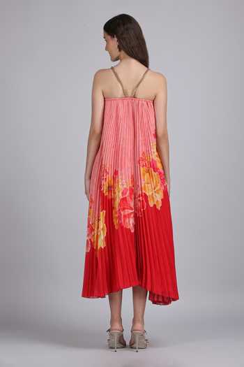 Shop_Mandira Wirk_Pink Halter Neck Crimson Pleated Dress _at_Aza_Fashions