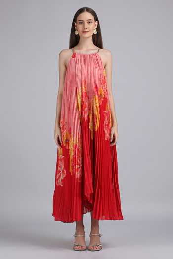 Shop_Mandira Wirk_Pink Halter Neck Crimson Pleated Dress _Online_at_Aza_Fashions