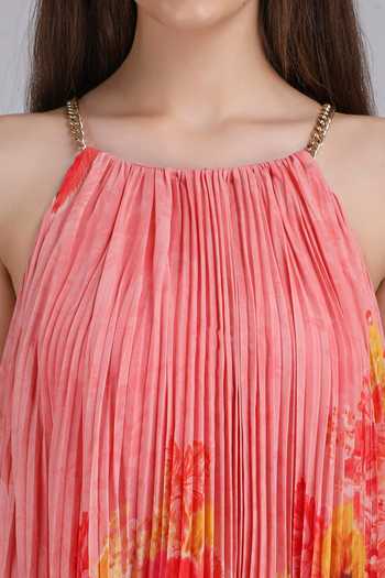 Mandira Wirk_Pink Halter Neck Crimson Pleated Dress _at_Aza_Fashions