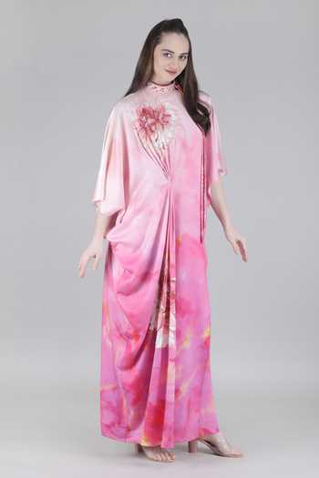 Buy_Mandira Wirk_Pink Satin High Neck Blush Ombre Draped Kaftan _at_Aza_Fashions
