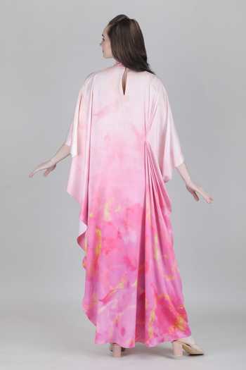 Shop_Mandira Wirk_Pink Satin High Neck Blush Ombre Draped Kaftan _at_Aza_Fashions