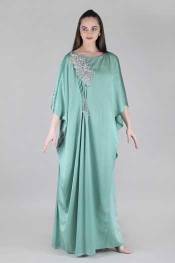 Buy_Mandira Wirk_Green Satin Boat Neck Jade Embellished Sumo Kaftan _Online_at_Aza_Fashions