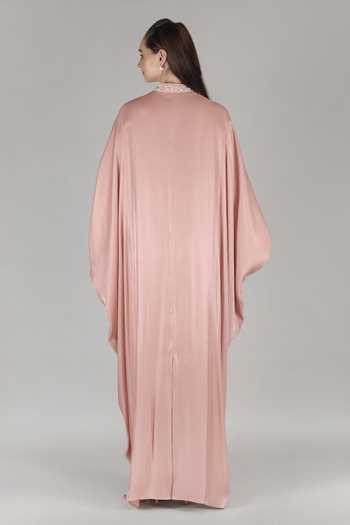 Shop_Mandira Wirk_Pink Satin Mandarin Collar Rose Kaftan _at_Aza_Fashions