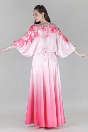 Shop_Mandira Wirk_Pink Satin Boat Neck Blush Ombre Top And Skirt Set _at_Aza_Fashions