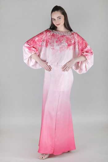 Shop_Mandira Wirk_Pink Satin Boat Neck Blush Ombre Top And Skirt Set _Online_at_Aza_Fashions