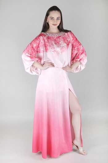 Mandira Wirk_Pink Satin Boat Neck Blush Ombre Top And Skirt Set _at_Aza_Fashions