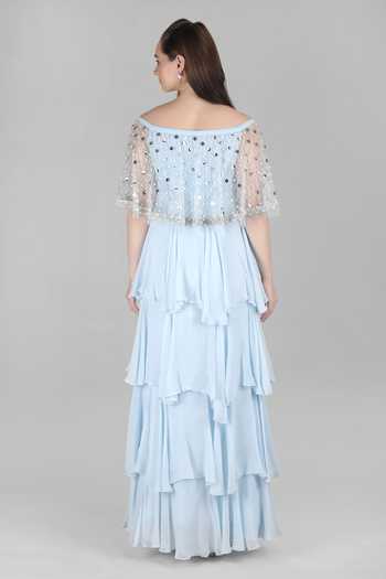 Shop_Mandira Wirk_Blue Chiffon, Viscose Off-shoulder Ice Layered Dress _at_Aza_Fashions
