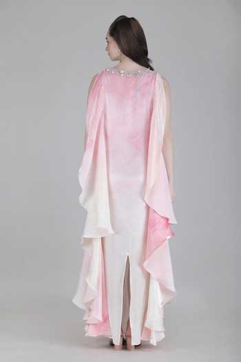 Shop_Mandira Wirk_Pink Satin Round Neck Tulip Layered Flow Dress _at_Aza_Fashions