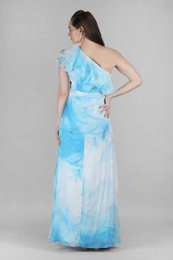 Shop_Mandira Wirk_Blue Viscose One Shoulder Aqua Ruffle Dress _at_Aza_Fashions