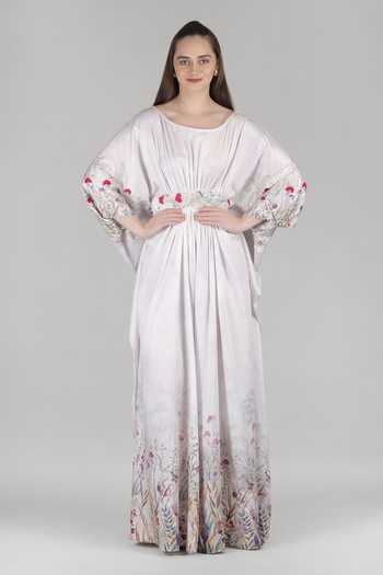 Buy_Mandira Wirk_Ivory Satin Boat Neck Palm Drift Kaftan _at_Aza_Fashions