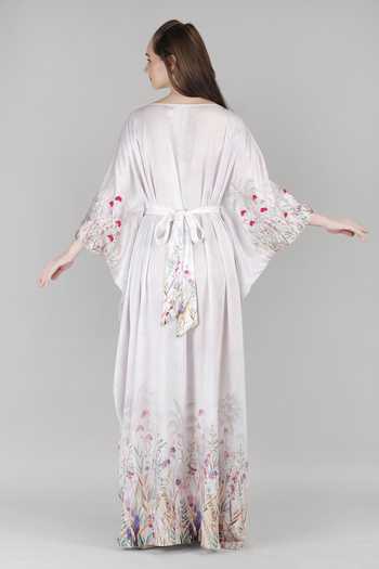 Shop_Mandira Wirk_Ivory Satin Boat Neck Palm Drift Kaftan _at_Aza_Fashions