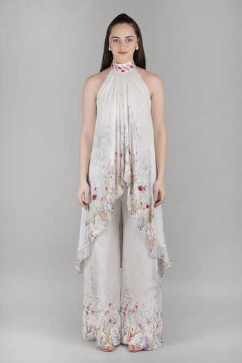 Buy_Mandira Wirk_Ivory Cotton, Linen, Chiffon, Viscose Halter Neck, Palm Kurta And Palazzo Set _at_Aza_Fashions