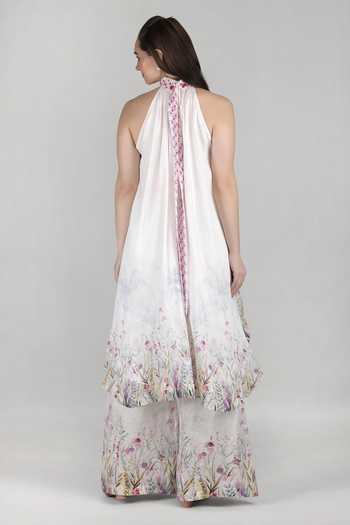 Shop_Mandira Wirk_Ivory Cotton, Linen, Chiffon, Viscose Halter Neck, Palm Kurta And Palazzo Set _at_Aza_Fashions