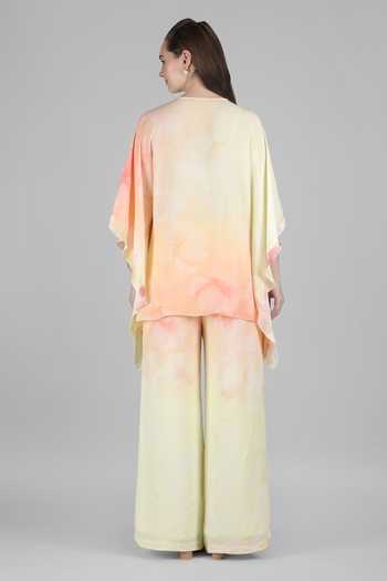 Shop_Mandira Wirk_Yellow Crepe, Viscose Split V-neck, Yes Peach Tulip Printed Kurta And Palazzo Set _at_Aza_Fashions
