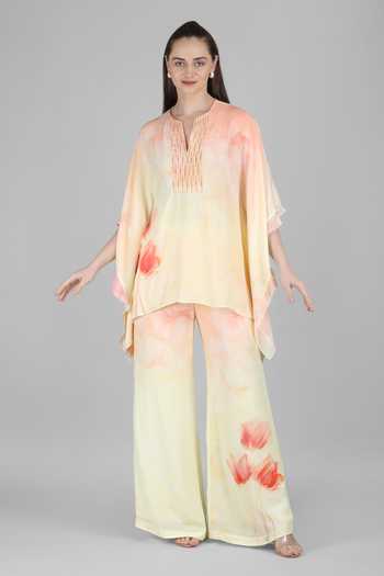 Buy_Mandira Wirk_Yellow Crepe, Viscose Split V-neck, Yes Peach Tulip Printed Kurta And Palazzo Set _at_Aza_Fashions
