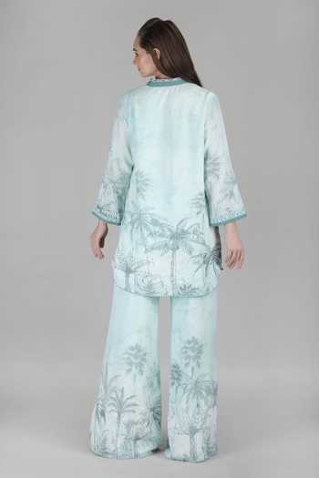 Shop_Mandira Wirk_Turquoise Viscose Mandarin Collar, Split V-neck Tropical Palm Muse Coord Set _at_Aza_Fashions