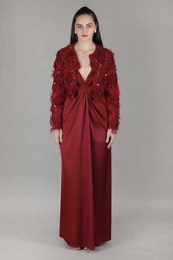 Shop_Mandira Wirk_Red Satin Plunge , Open Knot Dress And Jacket Set _at_Aza_Fashions