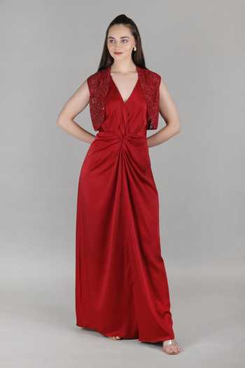 Buy_Mandira Wirk_Red Satin V-, Open Draped Dress With Jacket _at_Aza_Fashions