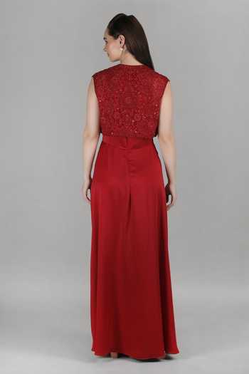 Shop_Mandira Wirk_Red Satin V-, Open Draped Dress With Jacket _at_Aza_Fashions
