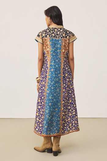 Shop_Ritu Kumar_Blue Silk Collared Floral Garden Print Dress _at_Aza_Fashions