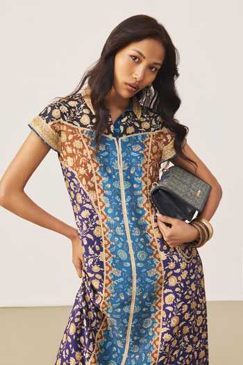 Shop_Ritu Kumar_Blue Silk Collared Floral Garden Print Dress _Online_at_Aza_Fashions