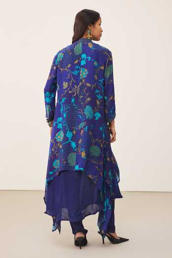 Shop_Ritu Kumar_Blue Viscose, Crepe, Rayon Mandarin Collar, Yes Calico Printed Kurta And Pant Set _at_Aza_Fashions