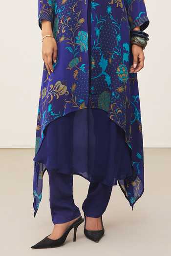 Ritu Kumar_Blue Viscose, Crepe, Rayon Mandarin Collar, Yes Calico Printed Kurta And Pant Set _at_Aza_Fashions