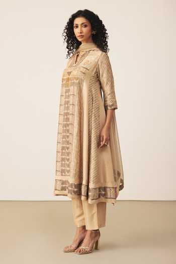 Ritu Kumar_Beige Silk, Rayon, Crepe, Viscose Split V-neck, Mashrudhari Printed Kurta Set _Online_at_Aza_Fashions