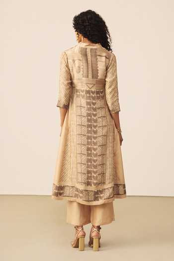 Shop_Ritu Kumar_Beige Silk, Rayon, Crepe, Viscose Split V-neck, Mashrudhari Printed Kurta Set _at_Aza_Fashions