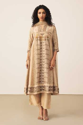 Buy_Ritu Kumar_Beige Silk, Rayon, Crepe, Viscose Split V-neck, Mashrudhari Printed Kurta Set _at_Aza_Fashions