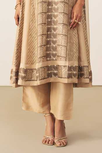 Ritu Kumar_Beige Silk, Rayon, Crepe, Viscose Split V-neck, Mashrudhari Printed Kurta Set _at_Aza_Fashions