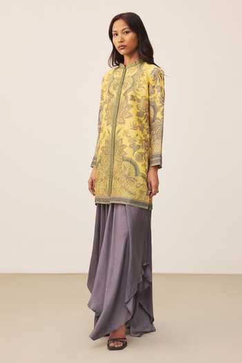 Ritu Kumar_Yellow Mandarin Collar Myra Floral Print Kurta _Online_at_Aza_Fashions