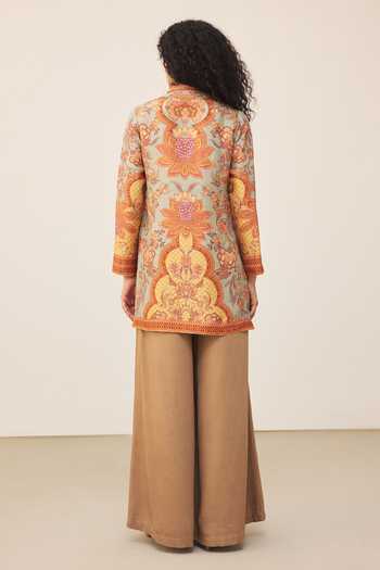 Shop_Ritu Kumar_Multi Color Mandarin Collar, Yes Khaki Myra Print Kurta _at_Aza_Fashions