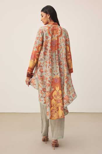 Shop_Ritu Kumar_Multi Color Viscose, Rayon Collared Khaki Myra Print Kurta With Pant _at_Aza_Fashions